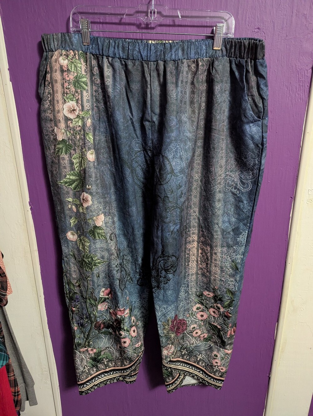 💜 Blue Pink Floral Paisley Split Hem Silky Stretch Waist Pants Pockets 4X 26
